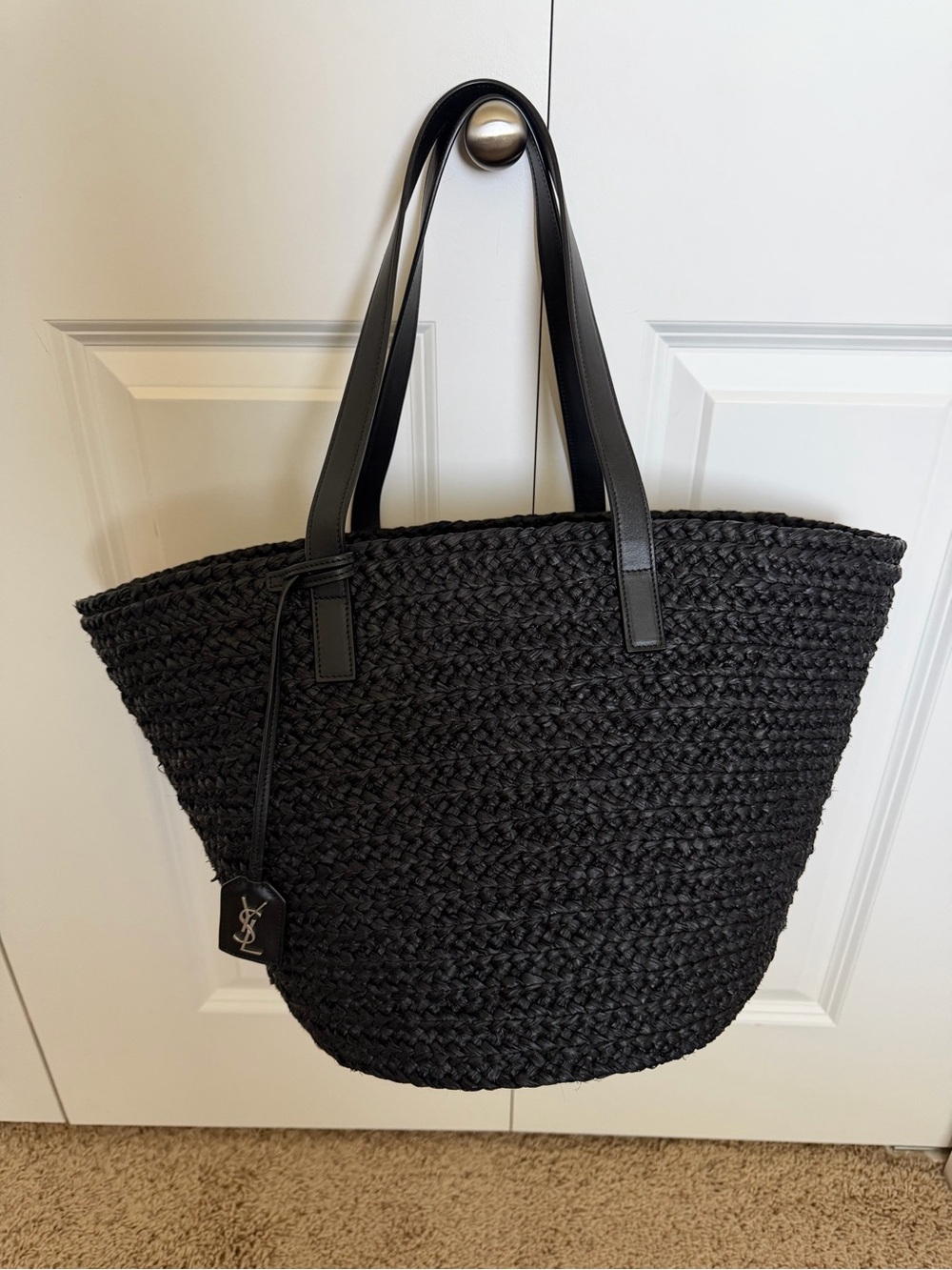 Saint Laurent Black Braided Straw Tote with Leather Handles